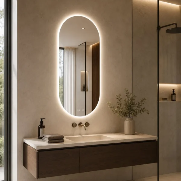 Espejo Auri Enki Hogar, espejo cápsula retroiluminado LED para baño con formato cápsula, luz LED 5700 K, touch ON/OFF regulable y antivaho. Vista 01.