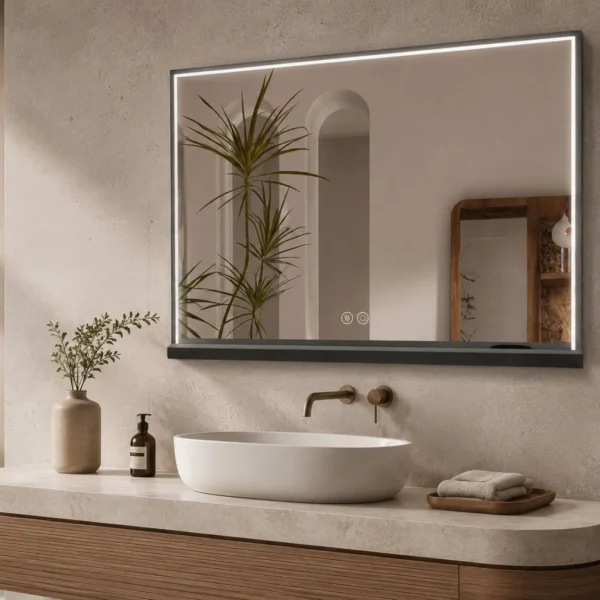 Espejo Axis Enki Hogar, espejo negro mate con Bluetooth y carga inalámbrica para baño con acabado negro mate, luz LED 5700 K, Bluetooth, carga inalámbrica, touch ON/OFF y antivaho. Vista 01.