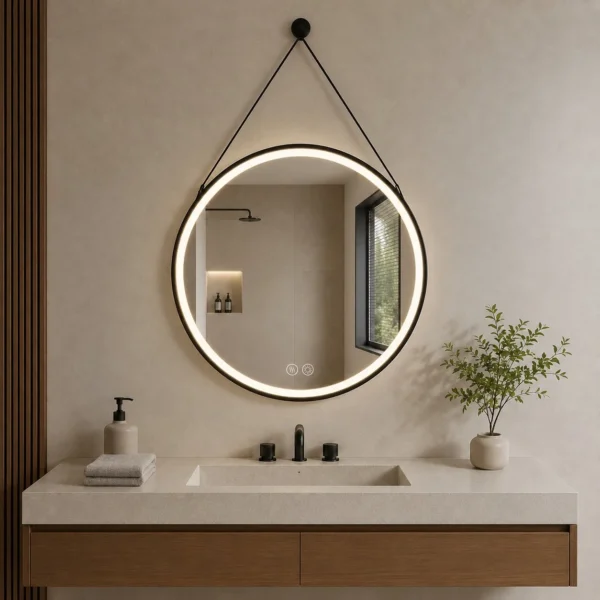 Espejo Eira Enki Hogar, espejo circular negro mate con colgador para baño con acabado negro mate, colgador estilo cuero, luz LED 5700 K, touch ON/OFF y antivaho. Vista 01.