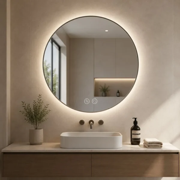 Espejo Elio Enki Hogar, espejo circular negro mate retroiluminado para baño con acabado negro mate, borde exterior de aluminio, luz LED 5700 K, touch ON/OFF y antivaho. Vista 01.