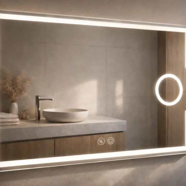 Espejo Form Enki Hogar, espejo con luz frontal y lupa x3 para baño con luz frontal LED 5700 K, lupa arenada x3, touch ON/OFF y antivaho. Vista 01.