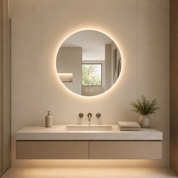 Espejo Opal Enki Hogar, espejo circular retroiluminado LED para baño con formato circular, luz LED 5700 K, touch ON/OFF regulable y antivaho. Vista 01.