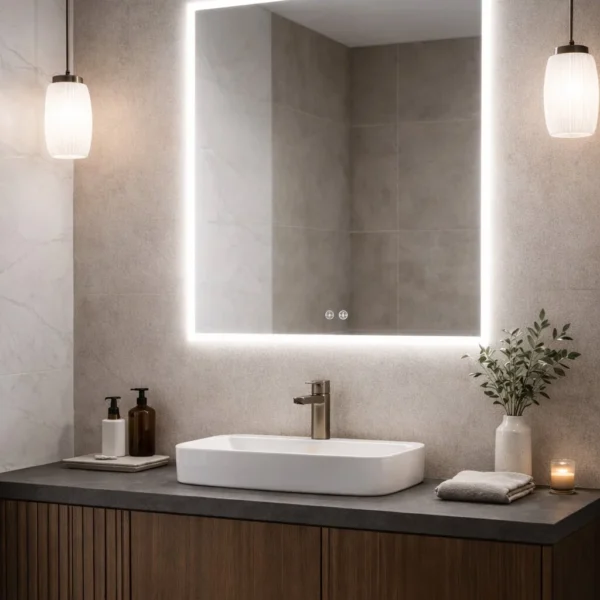 Espejo Pure Enki Hogar, espejo retroiluminado LED para baño con luz LED 5700 K, touch ON/OFF regulable y sistema antivaho. Vista 01.