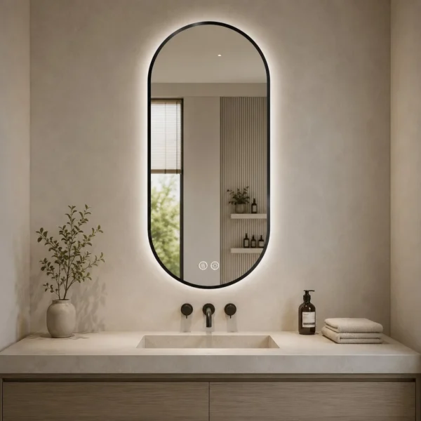 Espejo Tivo Enki Hogar, espejo cápsula negro mate retroiluminado para baño con acabado negro mate, borde exterior de aluminio, luz LED 5700 K, touch ON/OFF y antivaho. Vista 01.