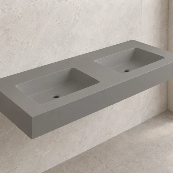Visualizaciรณn orientativa del lavabo mural Cardiff de dos senos en Colormateria gris