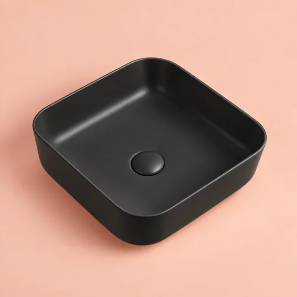 Lavabo Catania 39 × 39 cm en negro mate, visualización orientativa del acabado