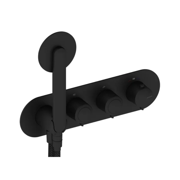Parte Externa Termostática de Ducha Mural Push de 2 Vías Sanycces Dedal en acabado Negro mate, maneta Dedal pin