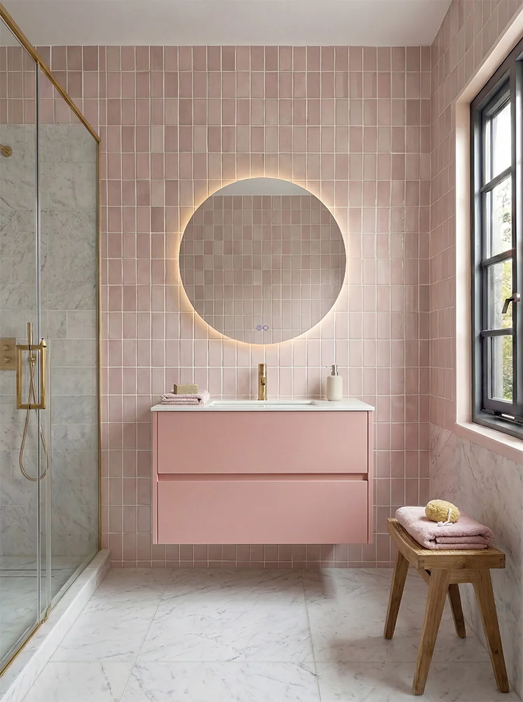 Baño con mueble rosa y espejo circular