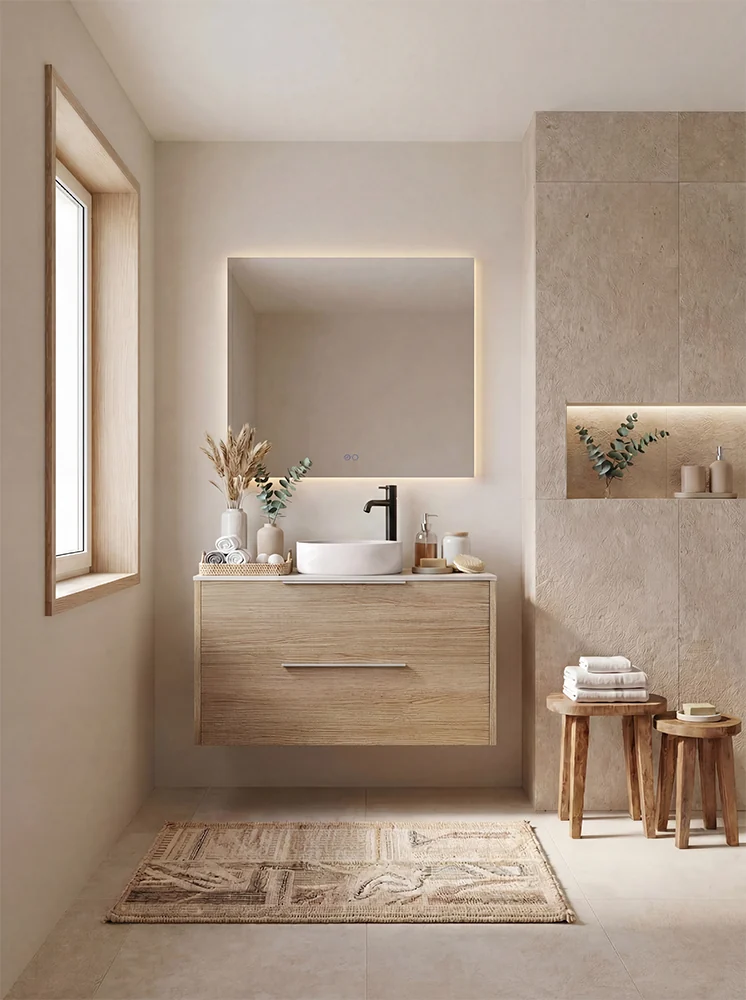 Baño cálido con mueble de madera y espejo rectangular