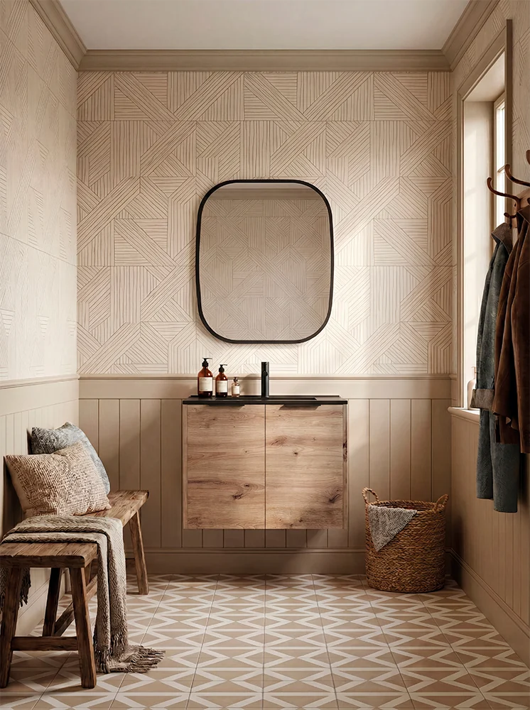 Mueble de madera en un baño de tonos naturales