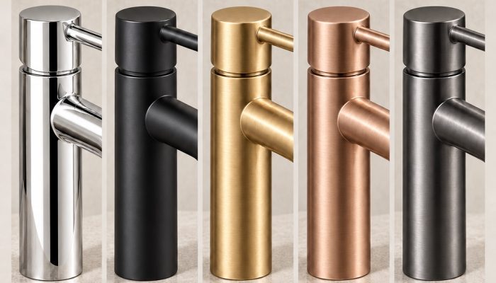 Comparativa de grifos en cromo, negro mate, oro cepillado, oro rosa cepillado y gun metal